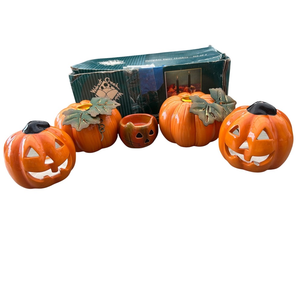 Walnut Creek Ceramic Pumpkin Jack-O-Lantern Taper Votive Candle Holder Set 5pc